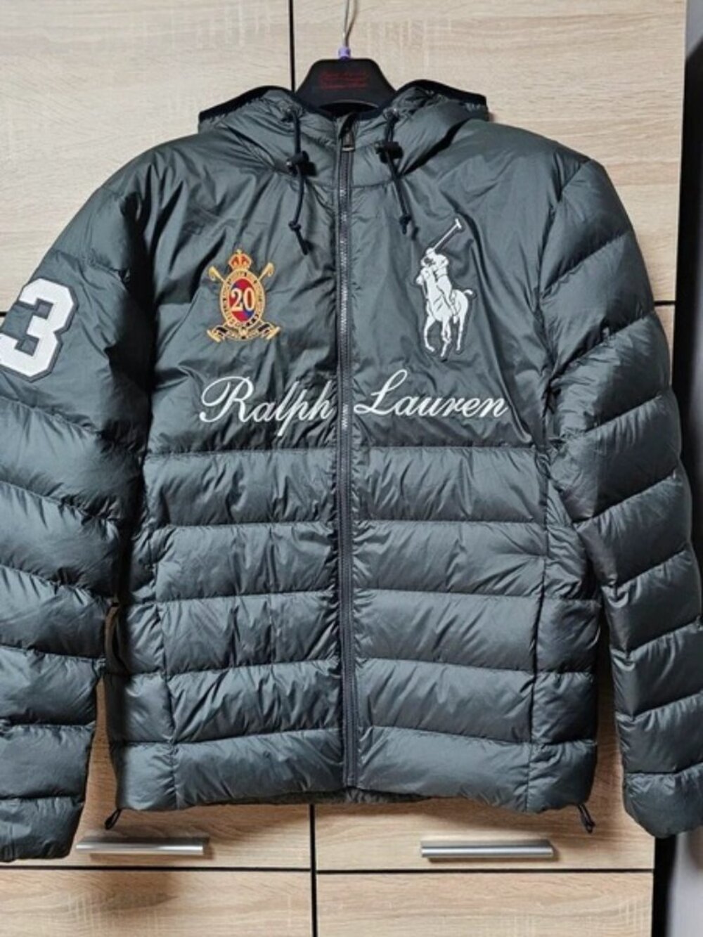 Men’s Ralph Lauren Hooded Down Puffer Jacket Gray Size M – Polo Pony Embroidery